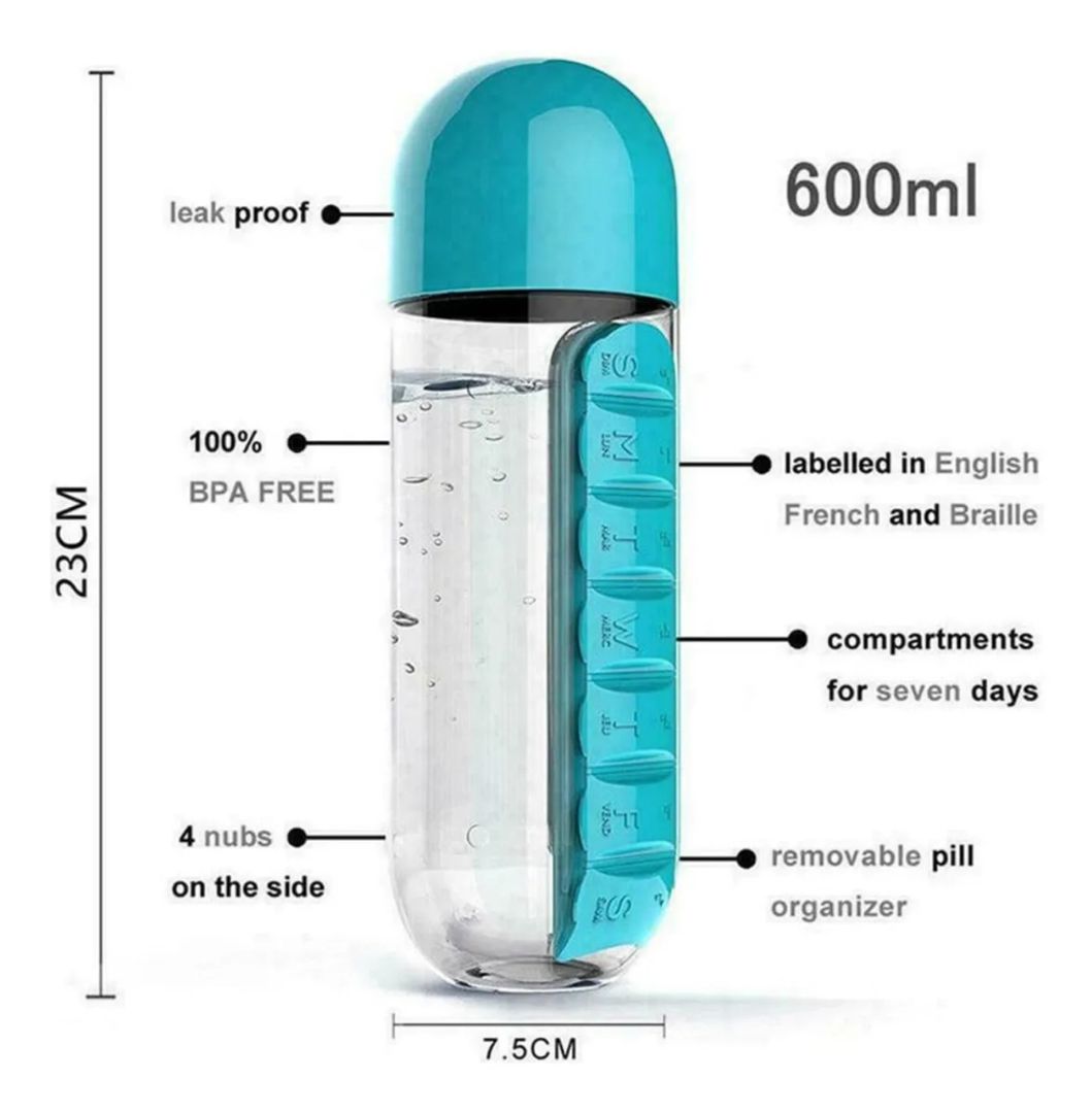 Termo Pastillero Botella Agua Organizadora De Pastillas
